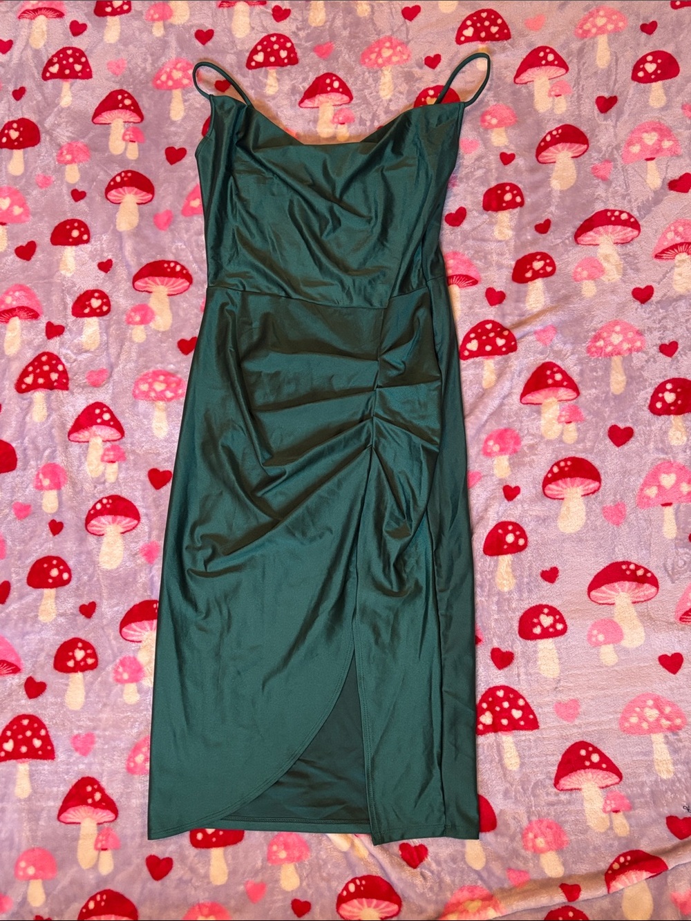 Satin Dark Green Slip Midi Dress with Ruched Side